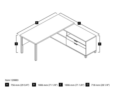 72W L-Shaped Desk with Metal Legs
