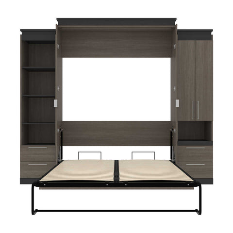 Queen Murphy Bed with Storage Cabinet and Tall Shelf with Drawers (106W)