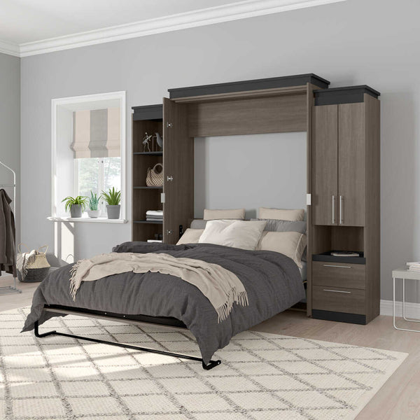 Queen Murphy Bed with Storage Cabinet and Tall Shelf with Drawers (106W)