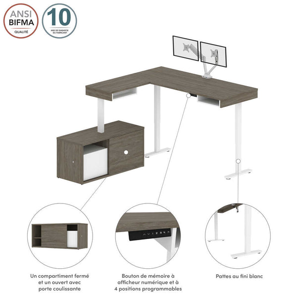81W L-Shaped Standing Desk with Dual Monitor Arm and Credenza