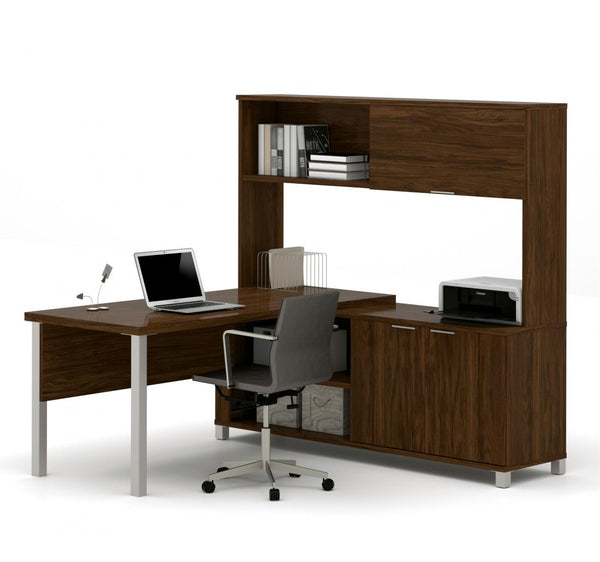 72W L-Shaped Desk with Metal Legs and Hutch
