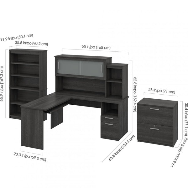 65W L-Shaped Desk with Hutch, Lateral File Cabinet, and Bookcase