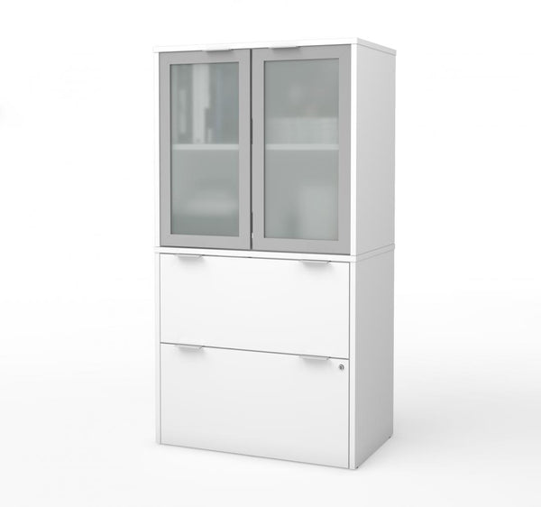 Lateral File Cabinet with Frosted Glass Doors Hutch