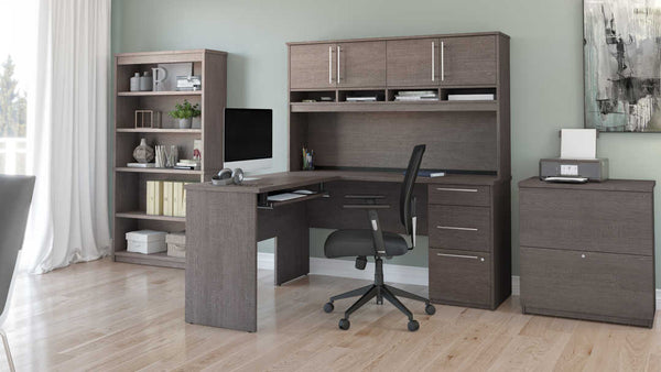 60W L-Shaped Desk with Hutch, Lateral File Cabinet, and Bookcase