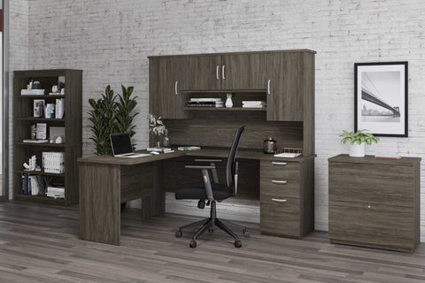 L-Shaped Desk with Hutch, 1 Lateral File Cabinet, and 1 Bookcase