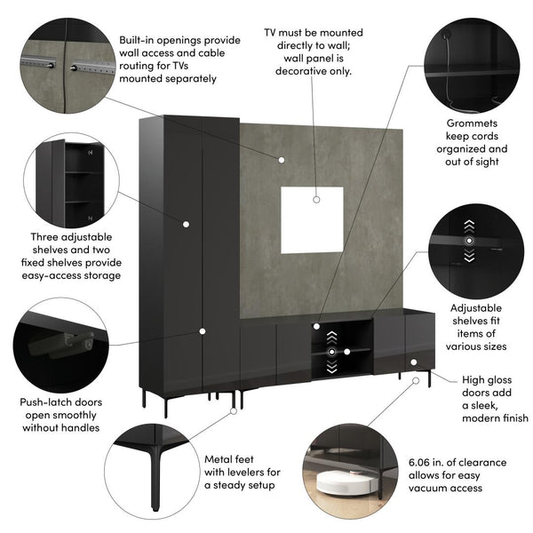 94W Modular Entertainment Center with TV Stand, Tall Storage Cabinet, and Small Wall Panel