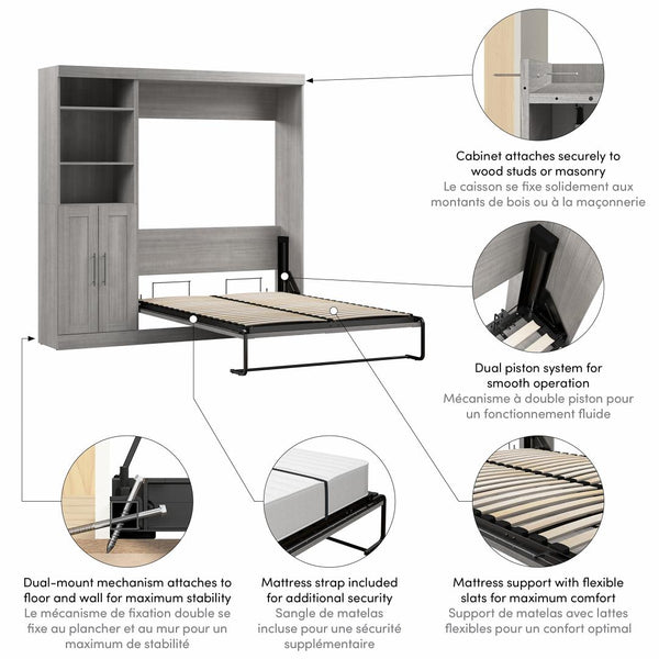 Lit escamotable double et organisateur de garde-robe avec portes (84L)