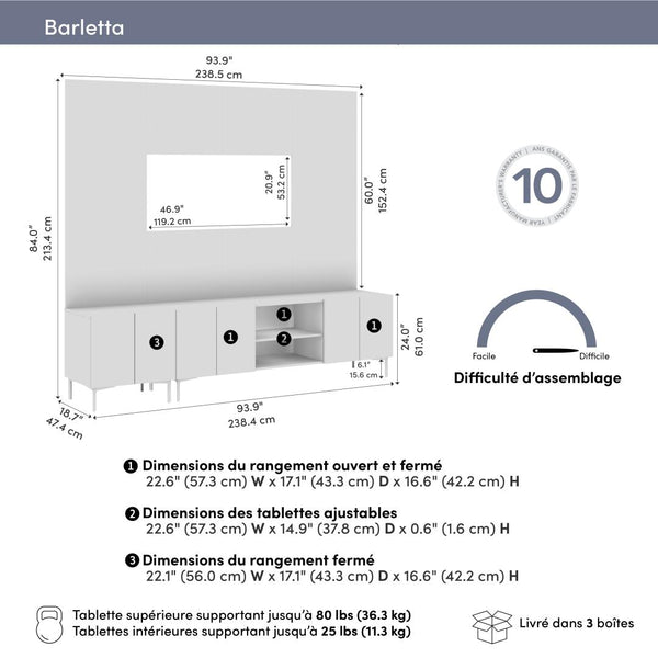 94W Modular Entertainment Center with TV Stand, Storage Cabinet, and Large Wall Panel