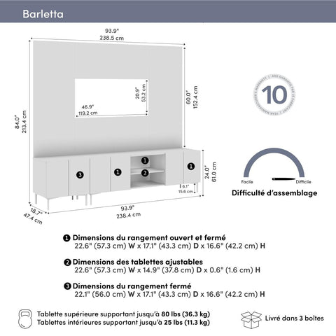 94W Modular Entertainment Center with TV Stand, Storage Cabinet, and Large Wall Panel