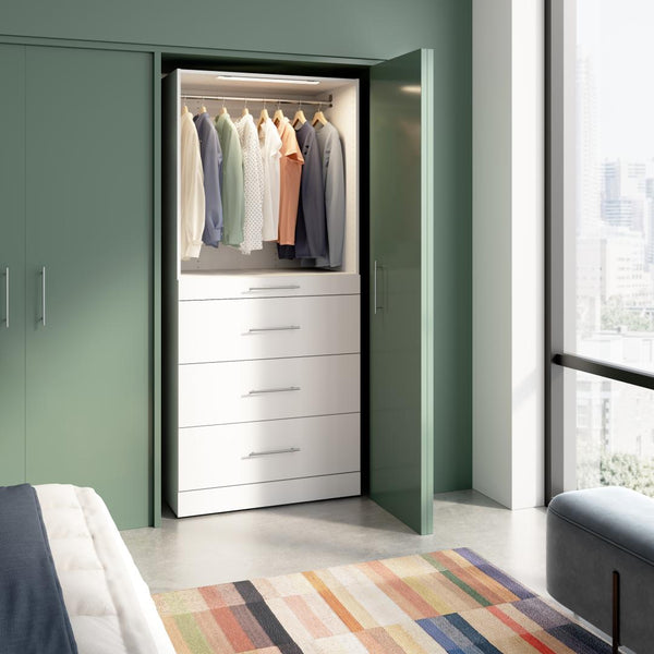 Organisateur de garde-robe modulaire pour walk-in ou placard avec lampe DEL, tablettes et 4 tiroirs 36L x 25P, style épuré