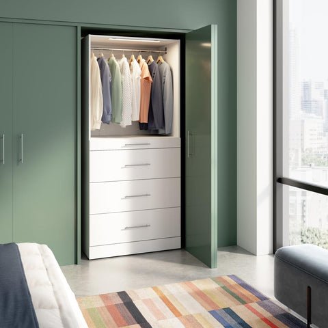 Organisateur de garde-robe modulaire pour walk-in ou placard avec lampe DEL, tablettes et 4 tiroirs 36L x 25P, style épuré