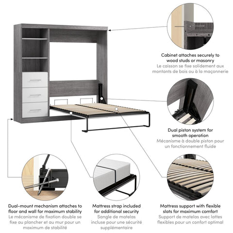 Lit escamotable double et organisateur de garde-robe avec tiroirs (84L)