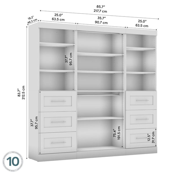 Contemporary Closet System with Shelves, Drawers & Clothing Rods, 86W x 19D