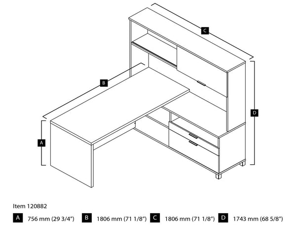 72W L-Shaped Desk with Drawers and Hutch