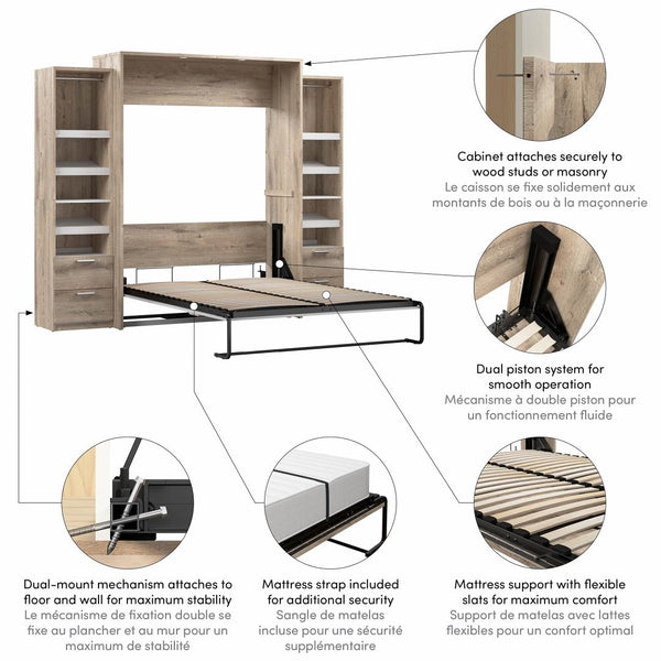 Queen Murphy Bed and 2 Narrow Closet Organizers with Drawers (105W)