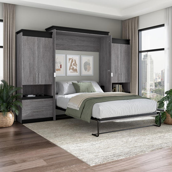 Queen Murphy Bed with Storage Cabinets and Pull-Out Shelves (126W)