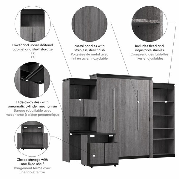 Grand lit escamotable avec tablettes et armoire avec bureau rétractable (126L)