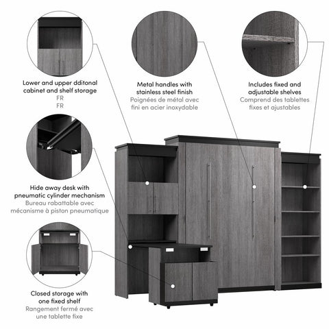 Grand lit escamotable avec tablettes et armoire avec bureau rétractable (126L)