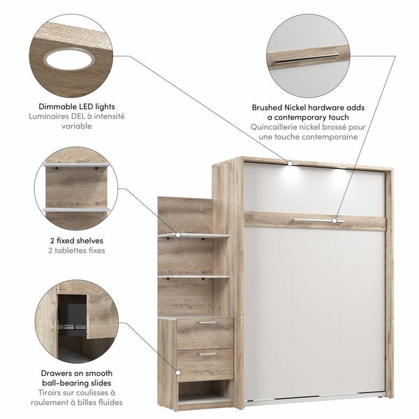 Lit escamotable double avec table de chevet et étagères flottantes (79L)