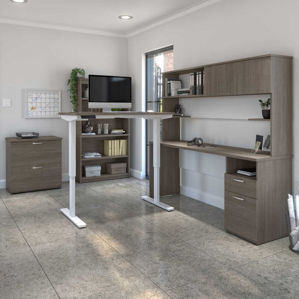 Bureau assis-debout 24 x 48 po, 1 crédence avec huche, 1 bibliothèque et 1 classeur latéral