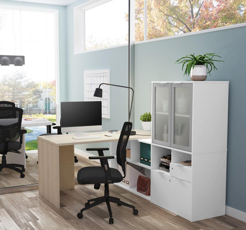 Bureau en L 72L avec huche à portes en verre dépoli