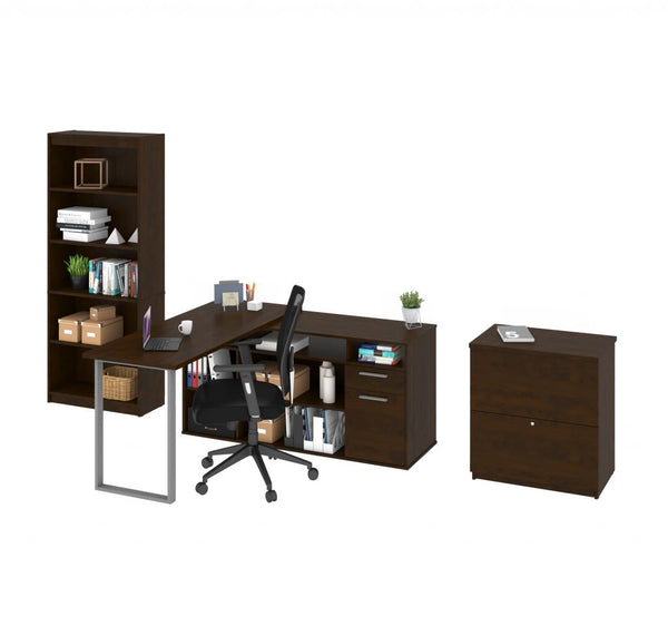 Bureau en L 60L avec classeur latéral et bibliothèque