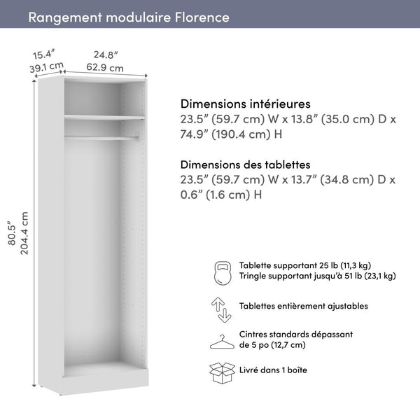 Organisateur de garde-robe modulaire avec tringle et tablette 25L x 16P