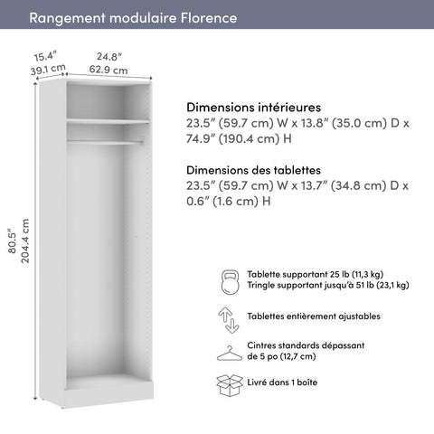 Organisateur de garde-robe modulaire avec tringle et tablette 25L x 16P