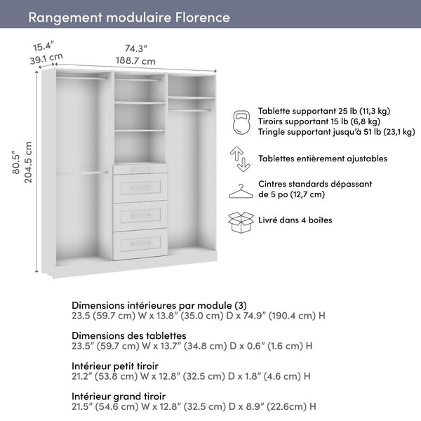Système de rangement modulaire pour placard avec tringles, tablettes et tiroirs 75L x 16P, style Shaker
