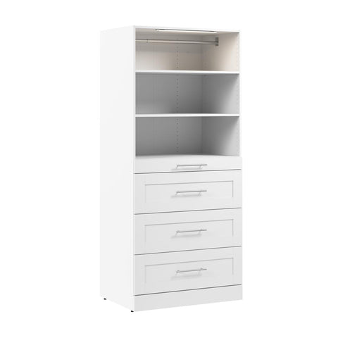Organisateur de garde-robe modulaire pour walk-in ou placard avec lampe DEL, tablettes et 4 tiroirs 36L x 25P, style Shaker