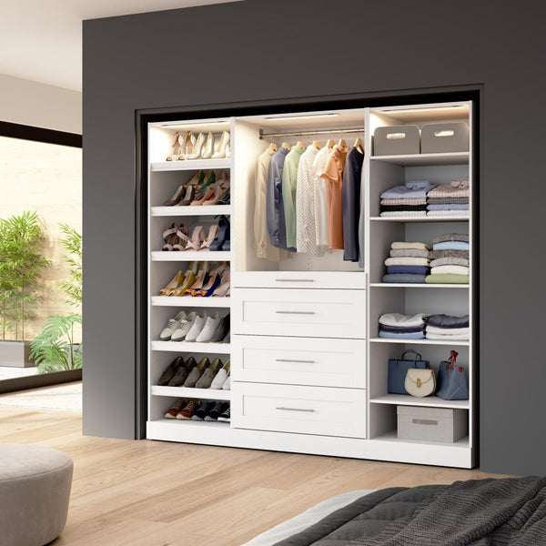 Système de rangement modulaire pour garde-robe walk-in ou placard avec lampes DEL, tiroirs et tablettes à chaussures 85L x 25P, style Shaker