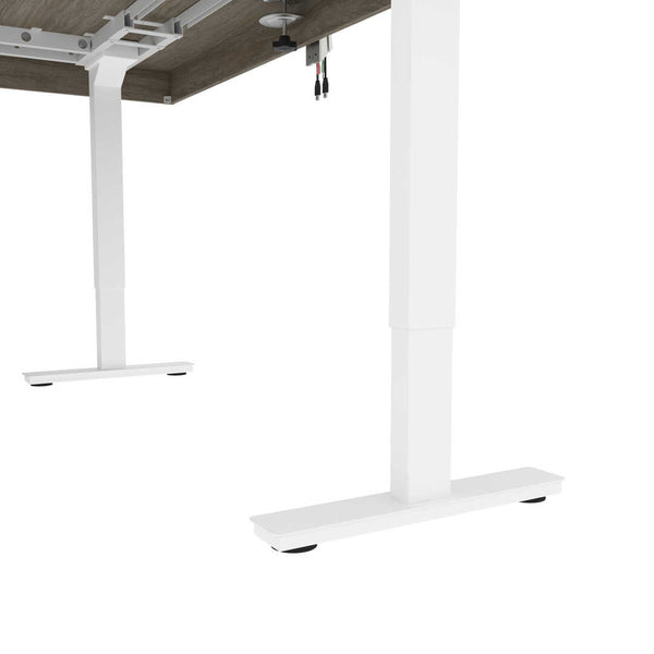 Bureau assis-debout en L 81L avec support double pour moniteurs et crédence