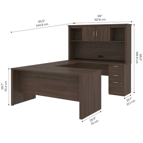 Bureau en U 66L avec huche, classeur latéral et bibliothèque