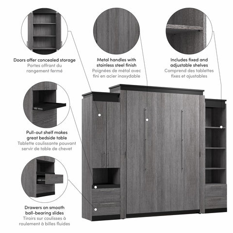 Queen Murphy Bed with Storage Cabinet and Tall Shelf with Drawers (106W)