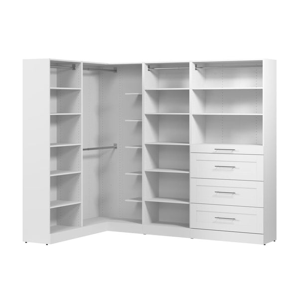 Système de rangement modulaire en L pour garde-robe walk-in avec tringles, tablettes et tiroirs 95L x 61P, style Shaker