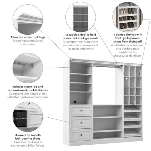 Traditional Closet System with Shelves, Drawers, Shoe Racks, Clothing Rods & Cubies, 86W x 20D