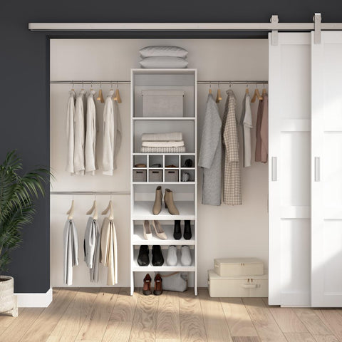 Organisateur de garde-robe 24L avec tablettes à chaussures, tringles et compartiments