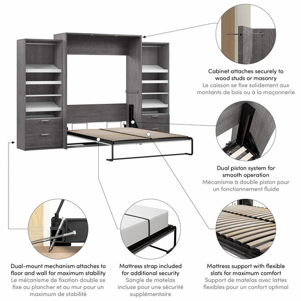 Grand lit escamotable avec 2 organisateurs de garde-robe avec tiroirs (125L)