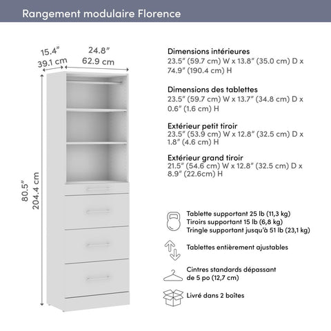 Organisateur de garde-robe modulaire pour walk-in ou placard avec tablettes et 4 tiroirs 25L x 16P, style épuré