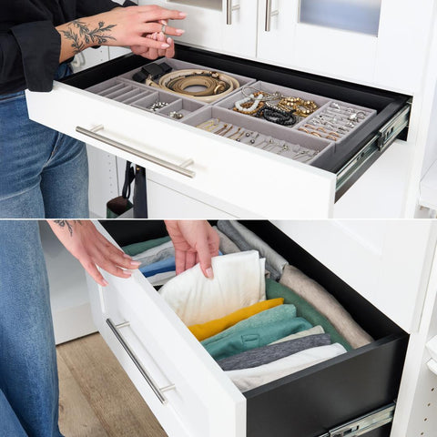 Système de rangement modulaire en L pour garde-robe walk-in avec tringles, tiroirs et tablettes à chaussures 85L x 60P, style Shaker