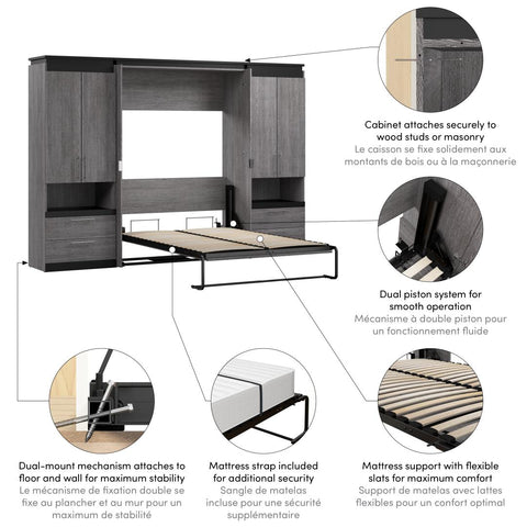 Lit escamotable double avec armoires et tablettes coulissantes (120L)