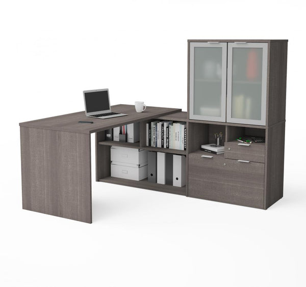 Bureau en L 72L avec huche à portes en verre dépoli