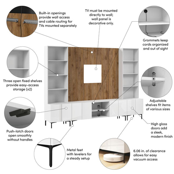 118W Modular Entertainment Center with TV Stand, Storage Cabinets with Hutches, and Small Wall Panel