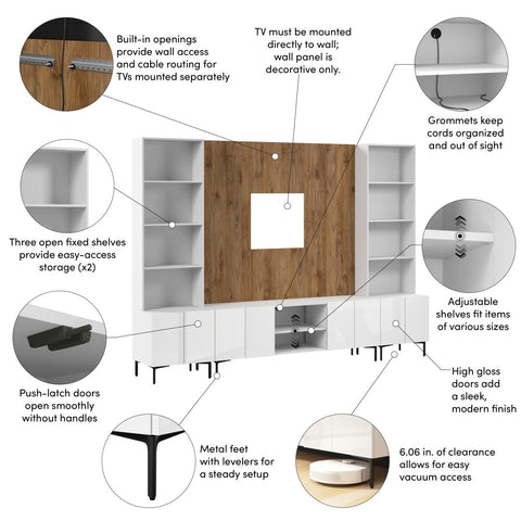 118W Modular Entertainment Center with TV Stand, Storage Cabinets with Hutches, and Small Wall Panel