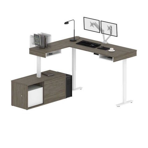 Bureau assis-debout en L 81L avec support double pour moniteurs et crédence
