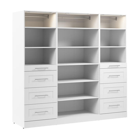 Système de rangement modulaire pour garde-robe walk-in ou placard avec lampes DEL, tablettes et tiroirs 85L x 25P, style Shaker
