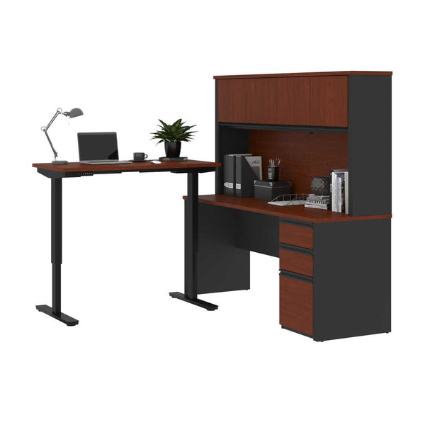 Bureau assis-debout en L 72L avec caisson et huche