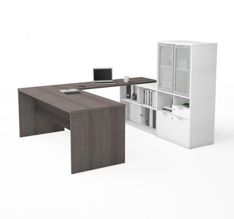 Bureau de direction en U 72L avec huche à portes en verre dépoli