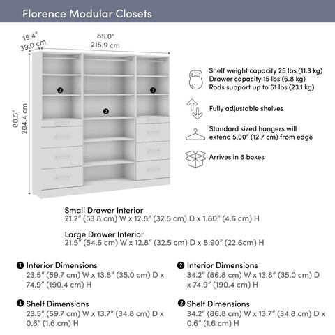 Système de rangement modulaire pour garde-robe walk-in ou placard avec tablettes et tiroirs 85L x 16P, style épuré