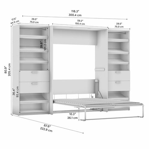 Lit escamotable double avec 2 organisateurs de garde-robe avec tiroirs (119L)